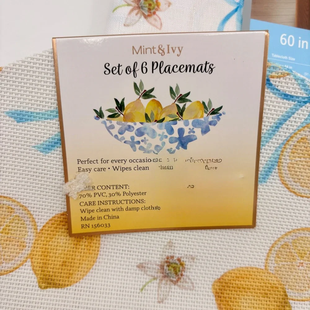 Bright Slice Lemon Tablecloth 60x84 & Mint Ivy‎ 6 Placemats Set Blue Bow Citrus